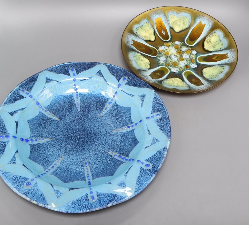Two enamelled copper dishes, Edward Star and Jane Murphy, largest diameter 37cm